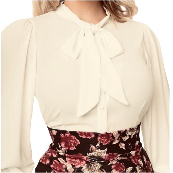 Unique Vintage Cream Neck Tie Gwen Blouse S 4 NWOT - Picture 1 of 4